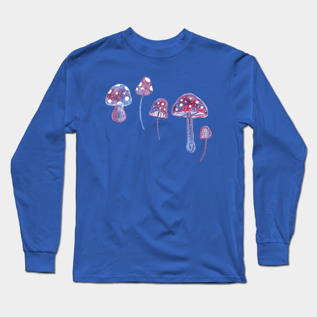 Blue and Red Fantasy Mushrooms Long Sleeve T-Shirt by Neginmf